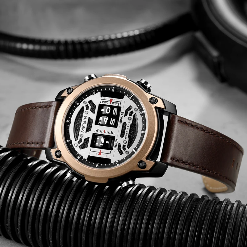 MEGIR 2142 Drum Roller Watch for Men Fashion Quartz Wristwatch Leather Strap Sports Men Designer Wristwatch relogio masculino