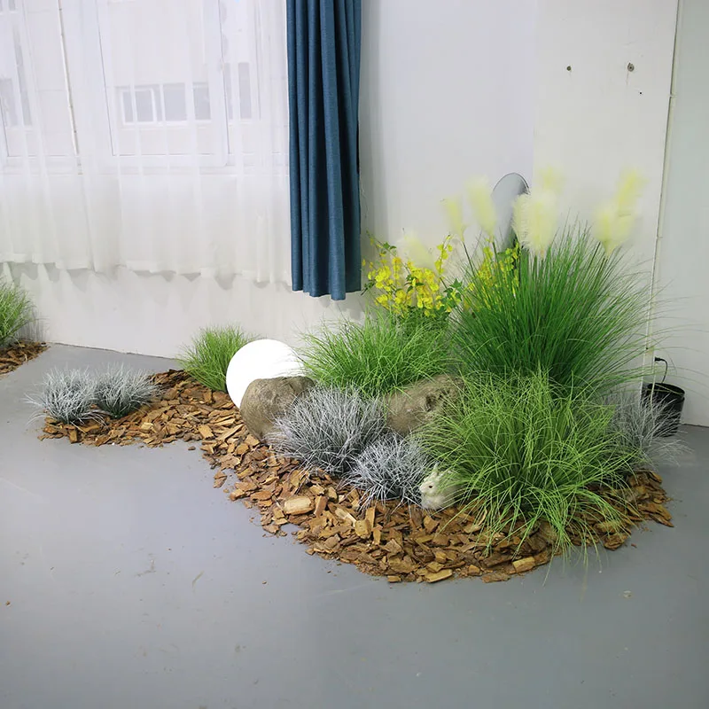 Grass running rabbit dancing blue yellow stone PE ball white light reed bonsai green pine bark artificial landscape
