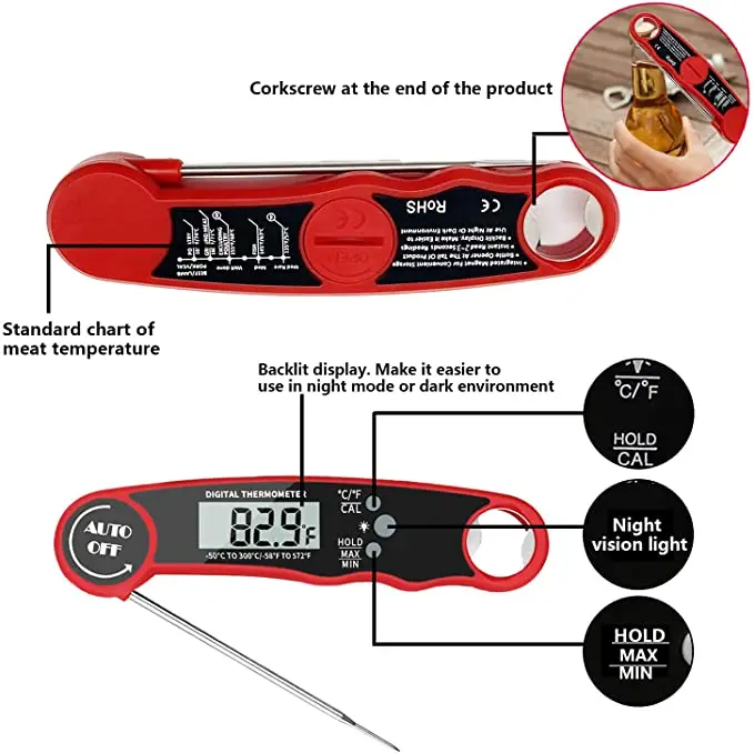 Waterproof Digital Instant Read Meat Food Thermometer with Folding Probe Backlight Calibration Function for Cooking BBQ