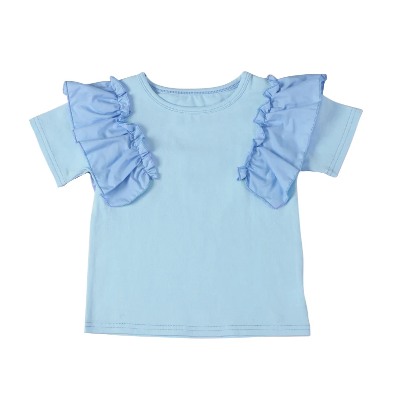 Sweet OEM Short Sleeve Plain Summer Girl T-shirts Ruffles Children Blouse