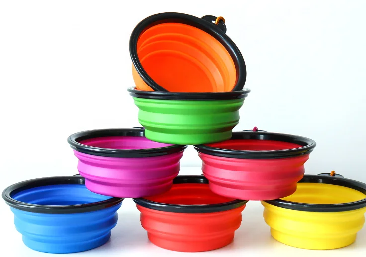 Portable customized logo accept collapsible silicone pet food water dog travel drinking bowl