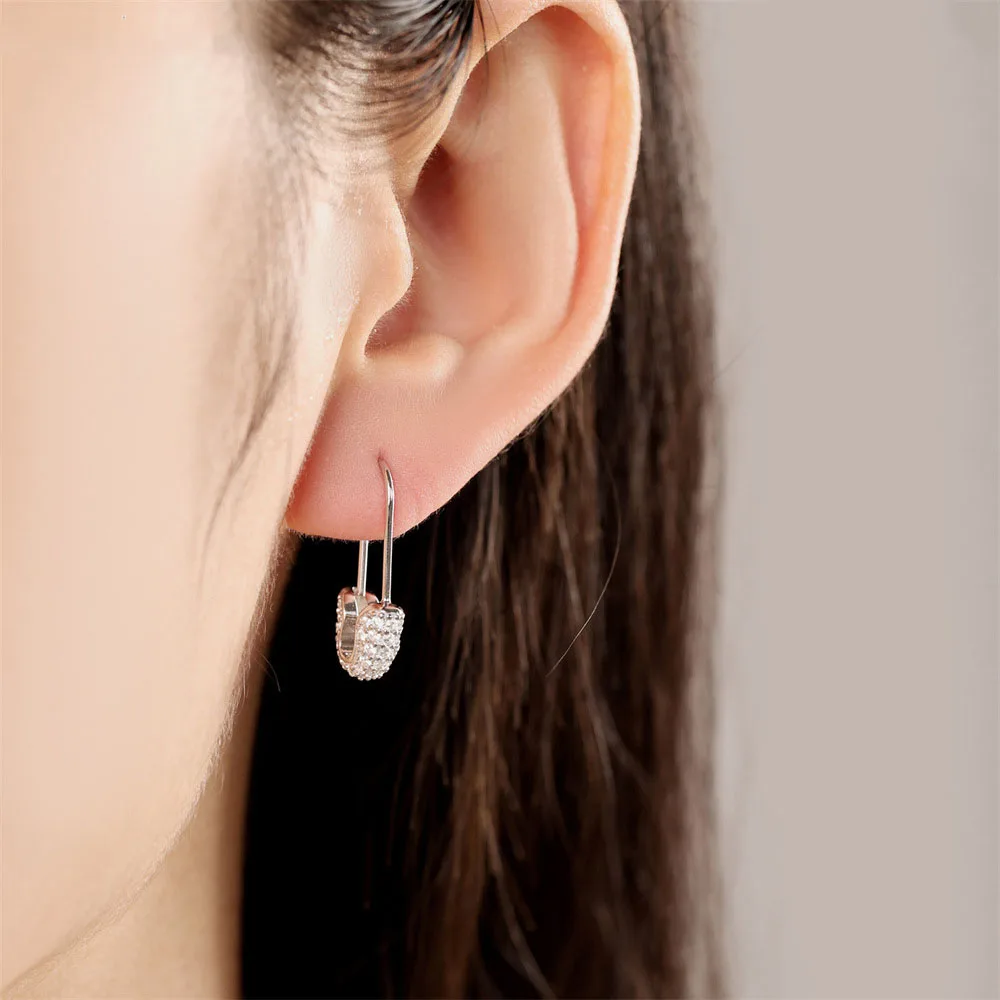 Unique Creative Jewelry Paper Clip Hoop Earrings 925 Sterling Silver Cubic Zirconia CZ Safety Pin Earrings for Women Ladies