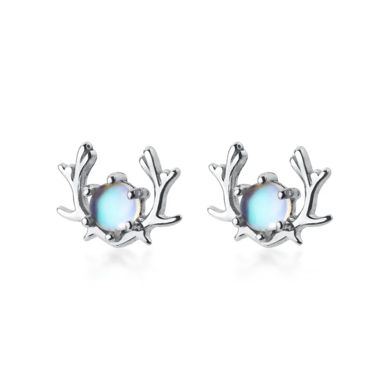 Fine Jewelry Christmas Elk Pattern Synthetic Moonstone Small Antlers 925 Silver Stud Earrings For Women