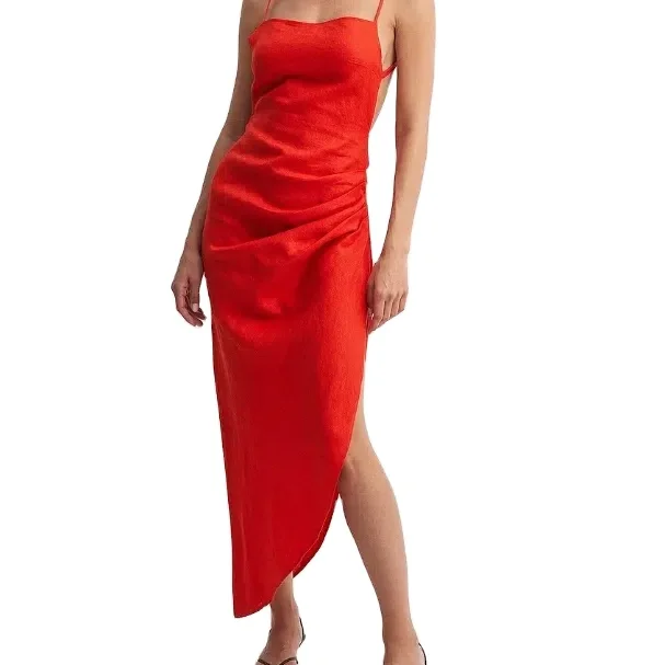 Custom Wholesale  summer beach linen evening dress with adjustable spaghetti straps and an open back with a self tied knot band.