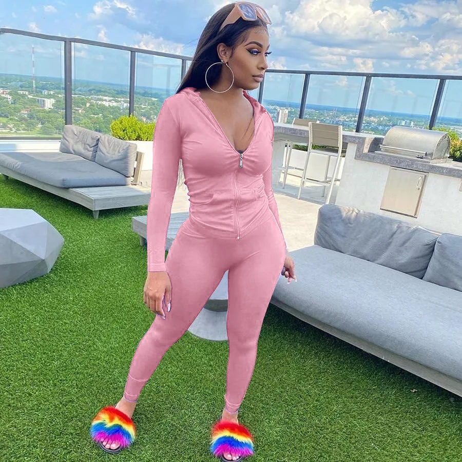 Однотонный спортивный костюм для бега из полиэстера с капюшоном, женский спортивный костюм на молнии