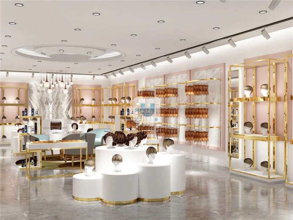Beauty Shop Design Rack Hair Wig Retail Gold Display Shelf Custom Wig Salon Displays for Hair Extension