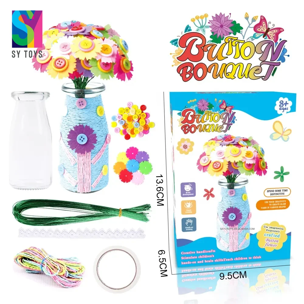SY Handmade Button Bouquet Fabric Flower Toys for Kids DIY Arts and Crafts Set Unisex for 2-4 Years