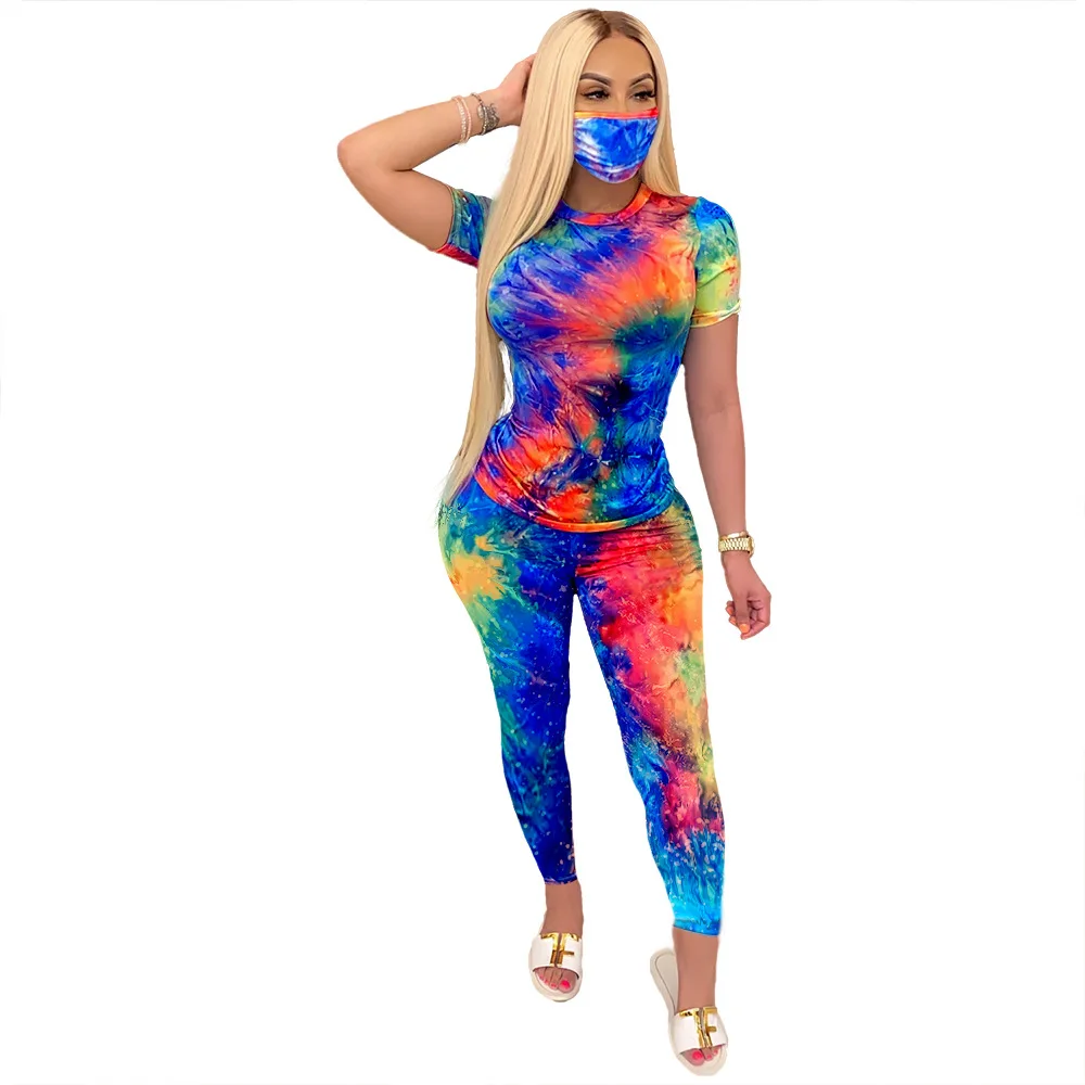
2021 summer two piece pants set tracksuit Women Sportswear Tie die t shirt 2 Piece Sets casual stylish print fabric 