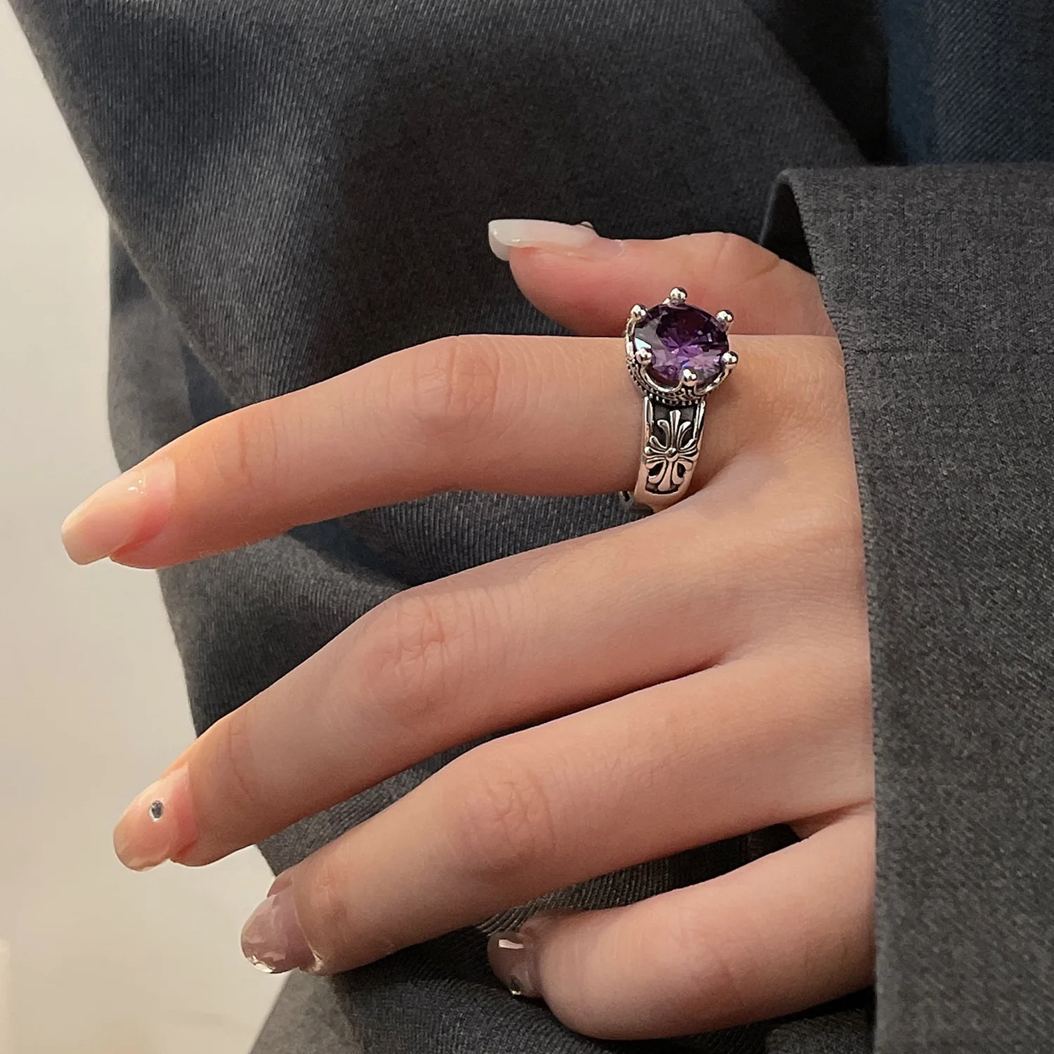 S925 Vintage Purple Zircon Rings for Women Girls Personality Antique Silver Finger Ring Daily Wearing Jewelry Accessories