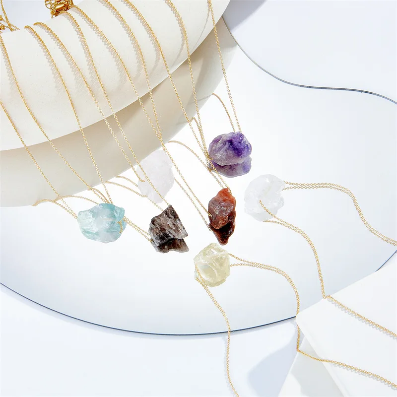 Ins Fine colorful stone necklace natural rose quartz raw stone choker necklace crystal healing stone necklace for women gifts