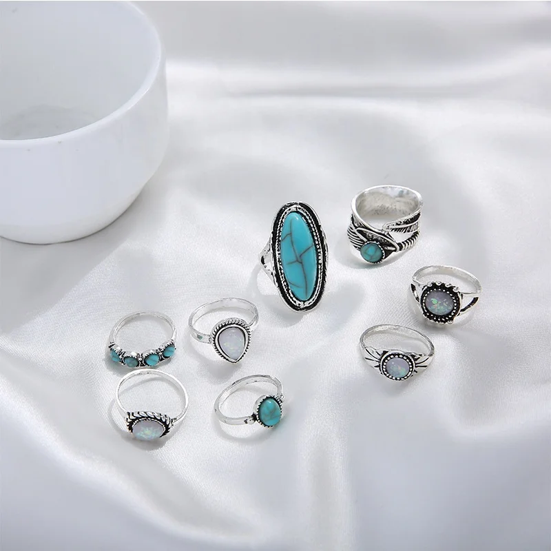 Vintage Mix Design Punk  Unisex Turquoise Gemstone Stone Ring Set Party Fashion Jewelry