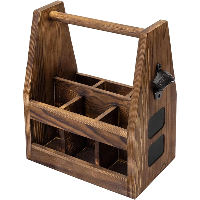 Pine wooden beer or bottle carrier with opener and magnite catcher wood tools