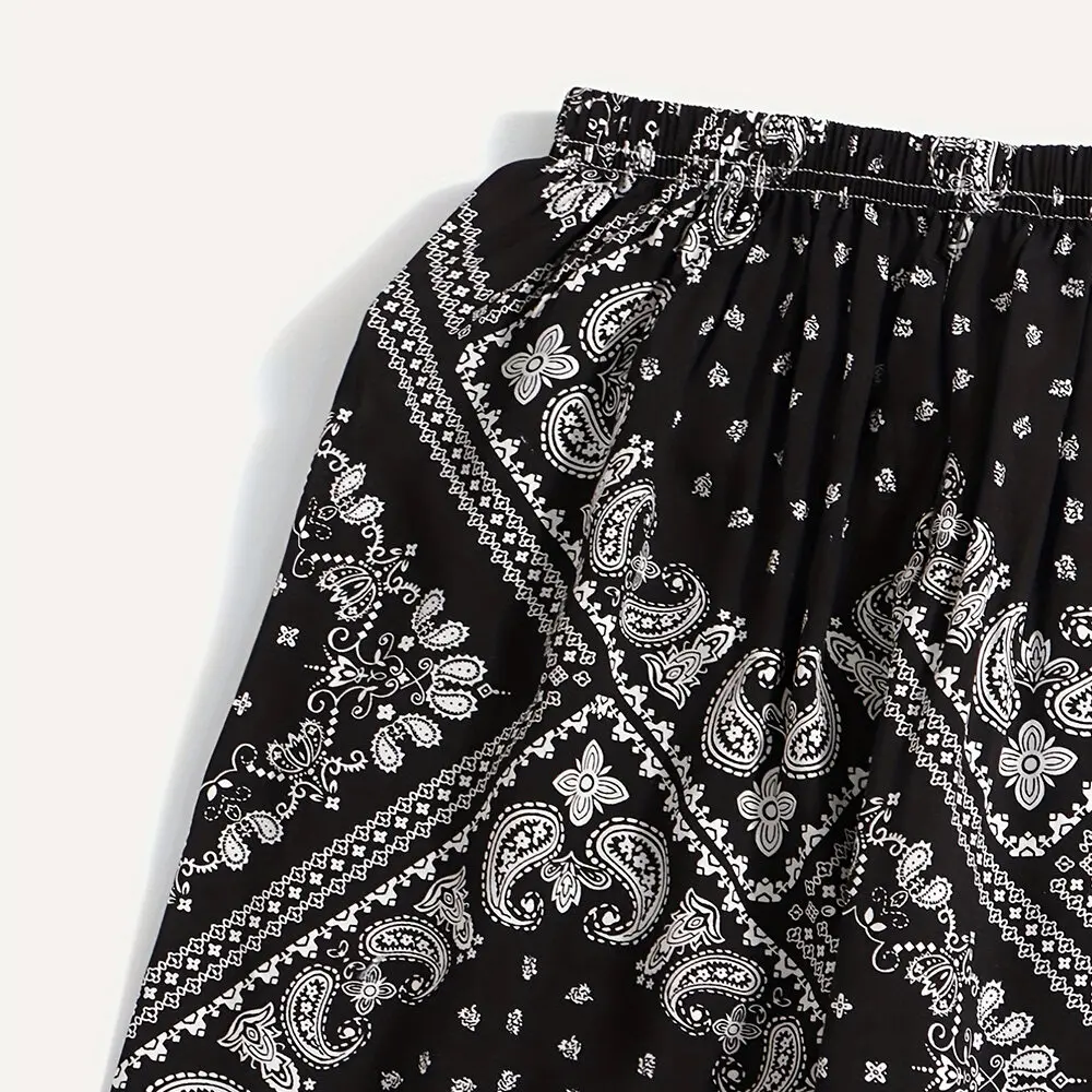 Customizable Summer Mosquito Pants for Girls Fine Flower Print in Black White Tropical Holiday Style Bell Bottom Pattern Camping