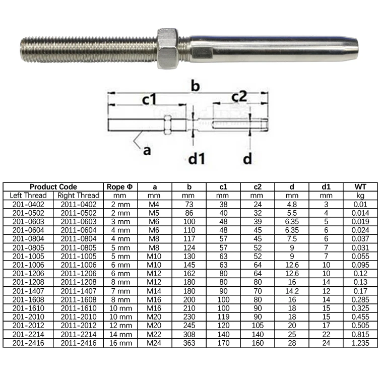 316 Stainless Steel Swage Rigging Stud Wire Rope Thread Terminal
