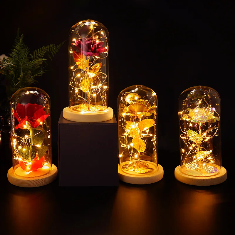 Luxury artificial rose flowers golden leaf rose table decoration light glass dome holiday gift led light rose flower
