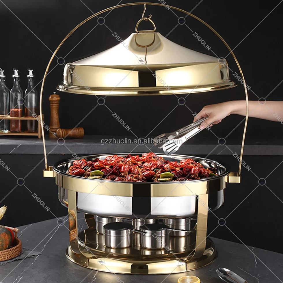 20 litres round hook hanging dining shaping food warmer hotel gold plated buffet stove bell chaffing dishes for restaurant