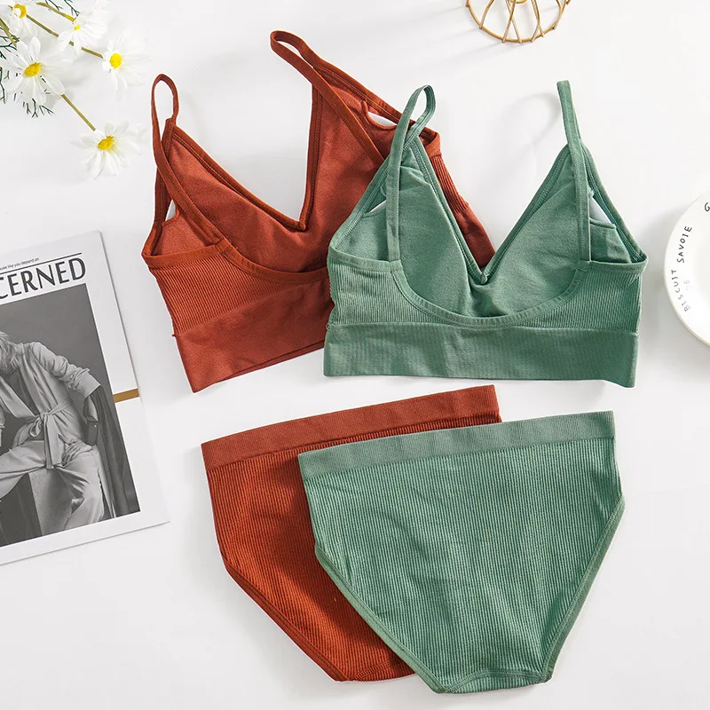 2201 Women Padded Bra Panties Set Soft Backless Tops Wireless Bras Set Seamless Underwear Women Lingerie Set Fitness Top