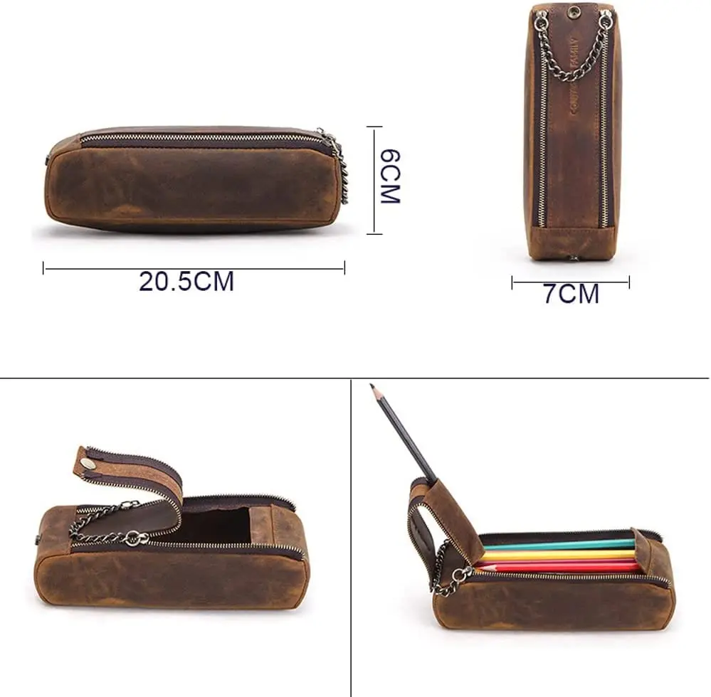 Genius Leather Pencil Case - Double Zippered Pen Pouch for School, Work and Office