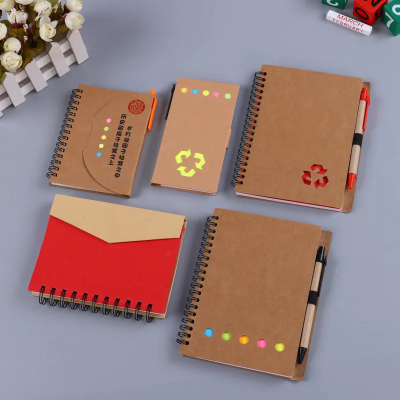 Kraft Cover Lined Spiral Notebook Steno Pads  with Bamboo Ballpoint Pen Page Marker Colored Index Tabs Small Pocket Notebooks