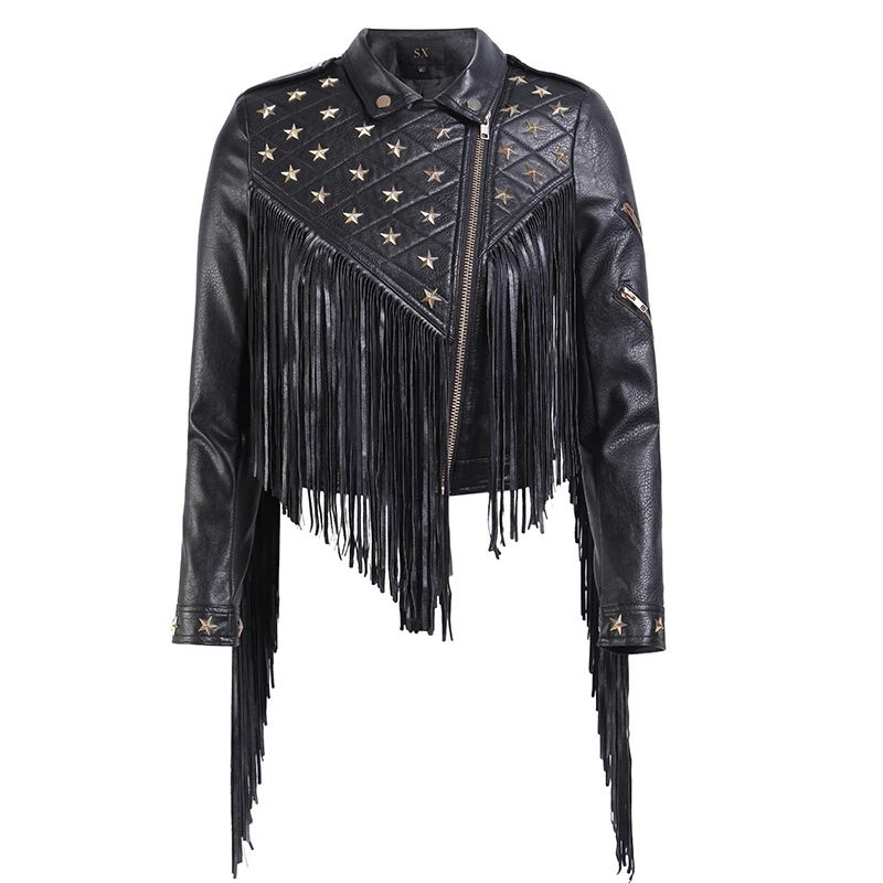 Star Studded Black Moto Turn-Down Collar Short Rivets Ladies Wholesale Punk Zipper Tassel Women Pu Jacket
