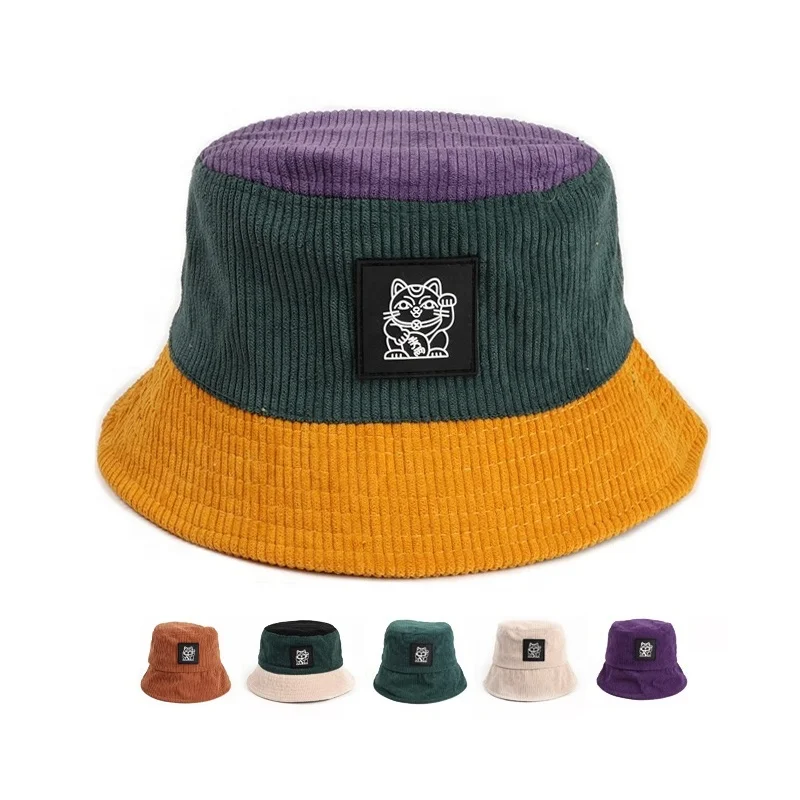 Wholesale Plain Contrast Corduroy Foldable Bucket Hat Custom Embroidery Logo Fisherman Hat For Women Outdoor Sun Protection Caps