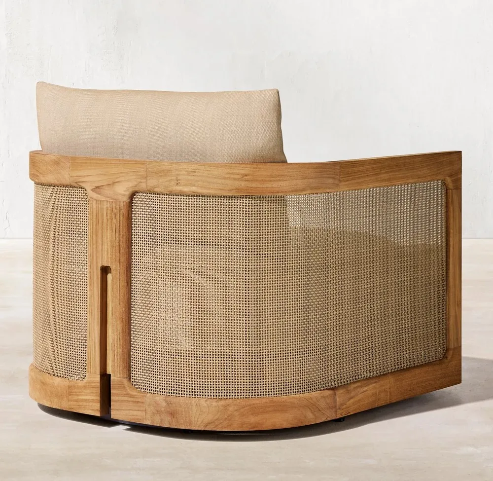 Luxury Cane Panel Back Teak Wood Lounge Chair Outdoor Swivel Teak Chair Furniture