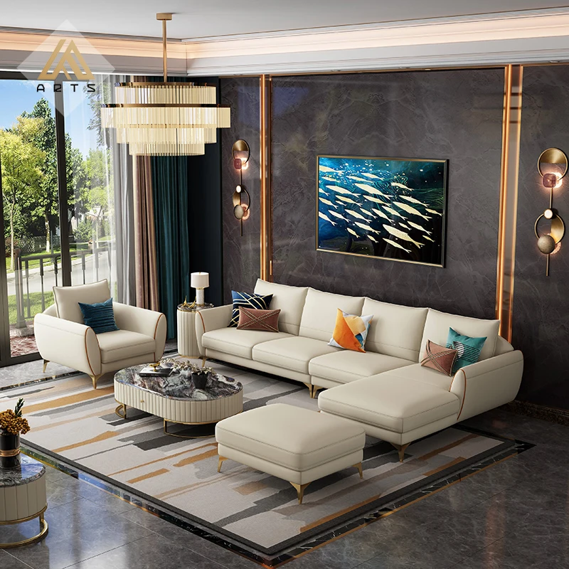 Big sale  modern  design leisure golden stainless steel frame  PU  leather chaise lounge sofa for living room L-shape sofa