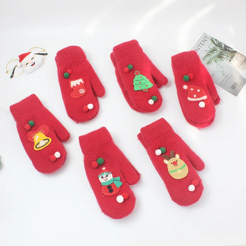 Christmas Tree cute mittens gift  winter knitted gloves with 3D decoration and Sherpa lining Children gloves