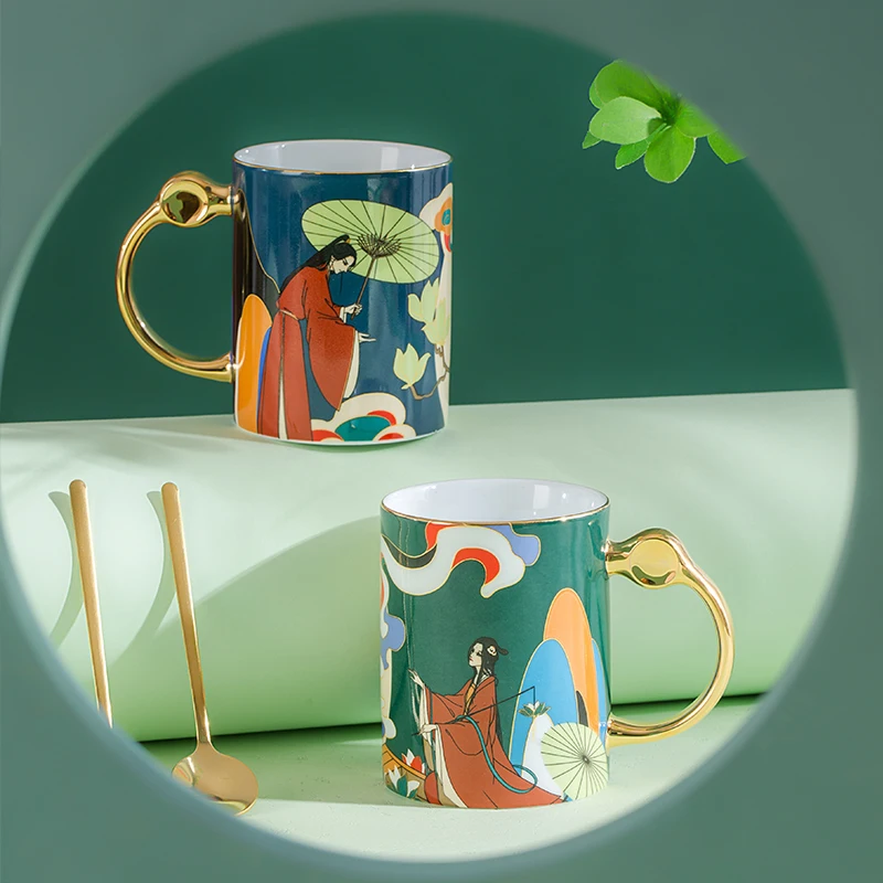 Oriental Culture High-Durable Ceramic Mug Wedding Couple Suit Cartoon Design Wear-Resistant Tea & Coffee Set