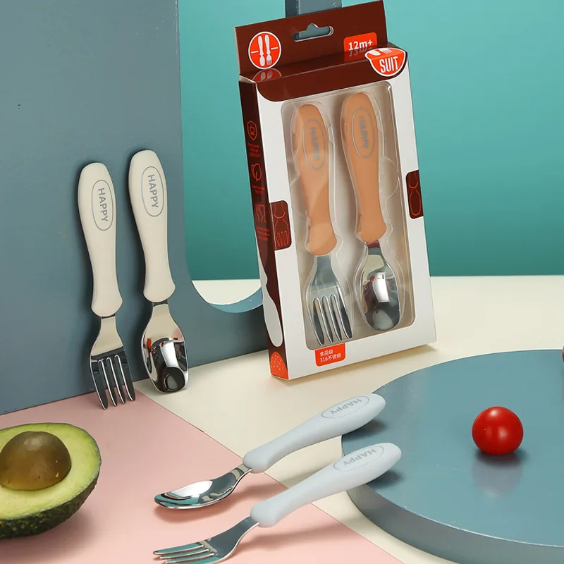 New 316 Stainless Steel Silicone Baby Spoon Fork Baby Feeding Training Cutlery Set