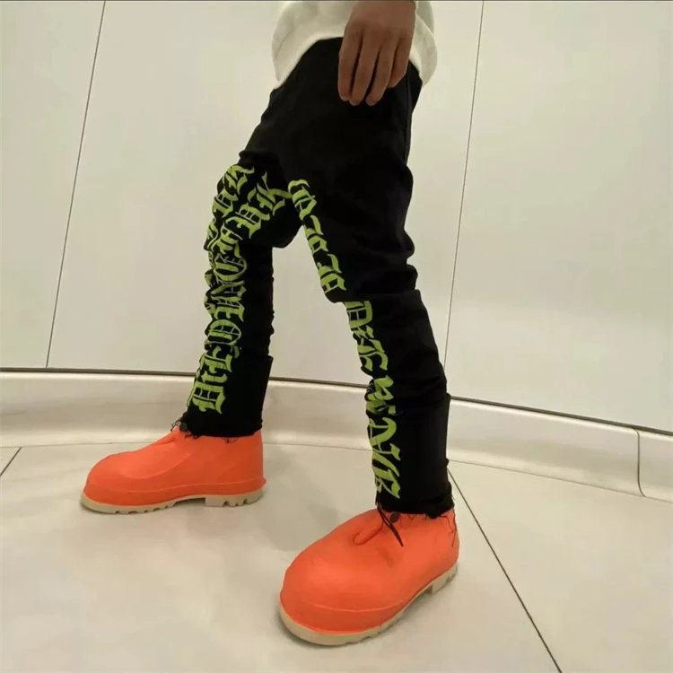 Custom Street Hip Hop full length Washed Waxed puff print stacked mens ripped denim jeans