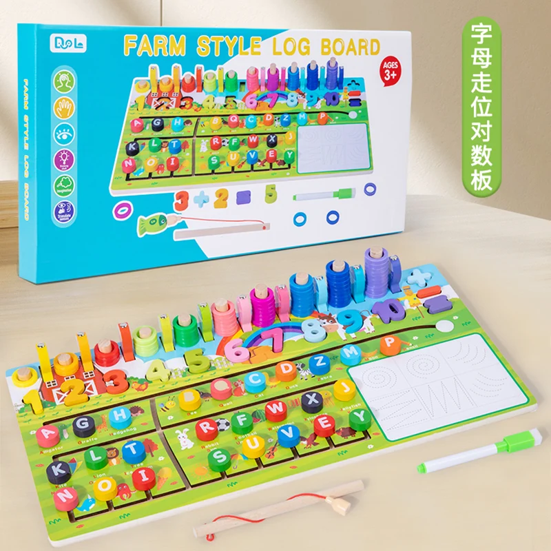 Multifunctional Kids Letter and Number Matching Logarithmic Busy Board Wooden Sliding Fun Walking Maze Magnetic Fishing Game
