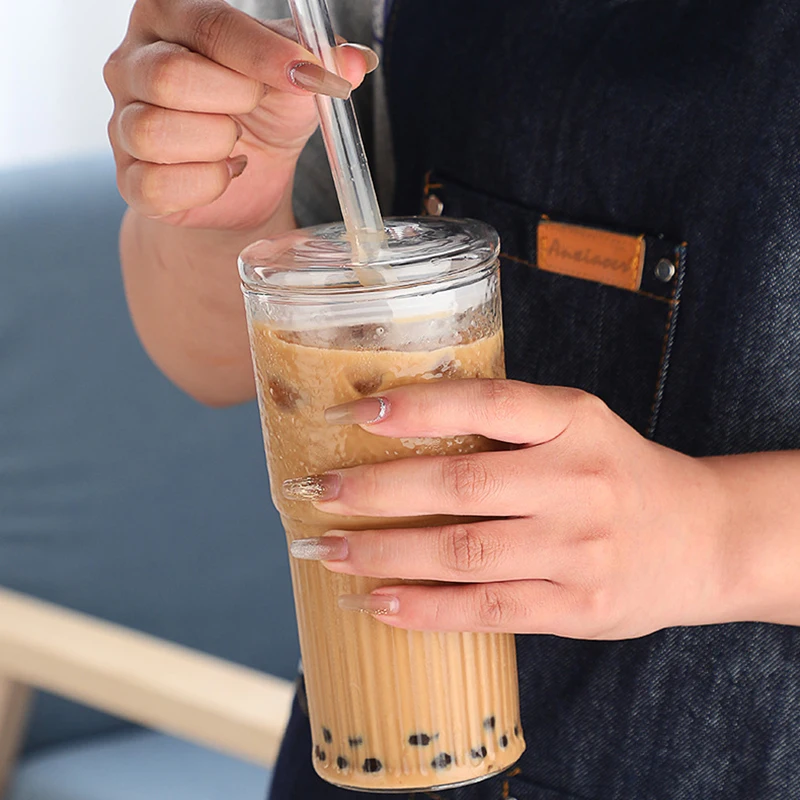 20oz Ribbed Can-shaped Tumbler Pint Glasses With Lid Glass Straws For Beer Soda Iced Coffee Boba Drinking Glasses Parties