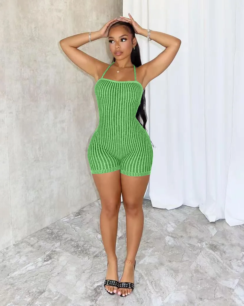 Liu Ming New Products 2024 Summer Casual Women s Slim Sleeveless Halter Knitted Romper Ladies Shorts Jumpsuit