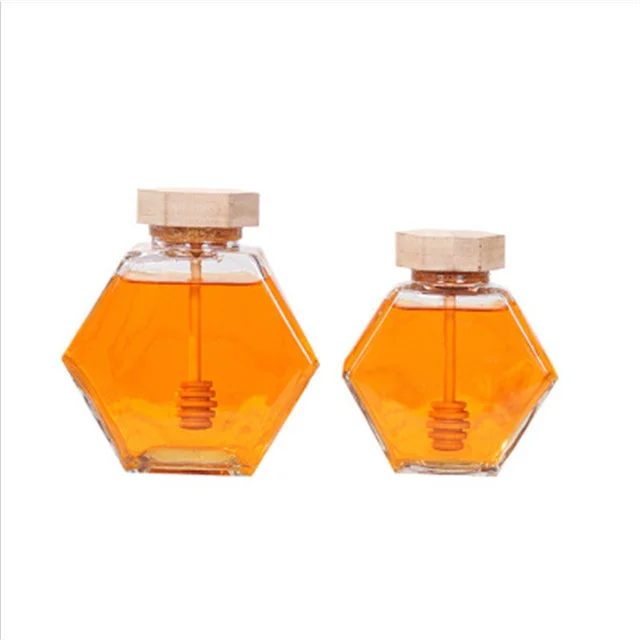 china factory directly  customized high quality  250 ml  hexagon honey glass jar glass jam jar with wooden lid and dipper