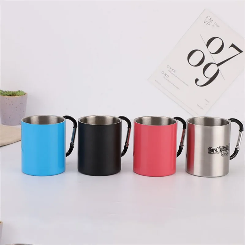 Coffee Beer Vacuum Insulated Double Wall Carabiner Camping Hiking stainless steel cup with hook handle