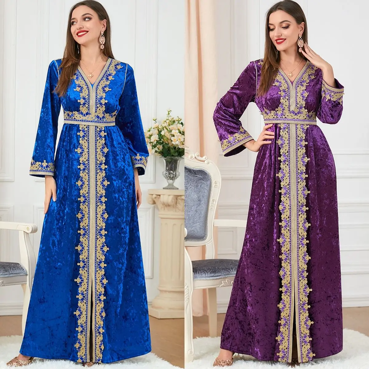 2024 марокканский кафтан Дубай бархатное платье платья для женщин с золотыми лентами свободные рукава мусульманская индейка Арабская одежда