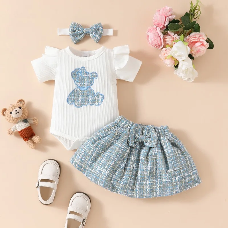 baby clothes set 0-3 month wholesale baby boy summer clothes set baby new born clothing sets embroider bodysuit +skirt+headband