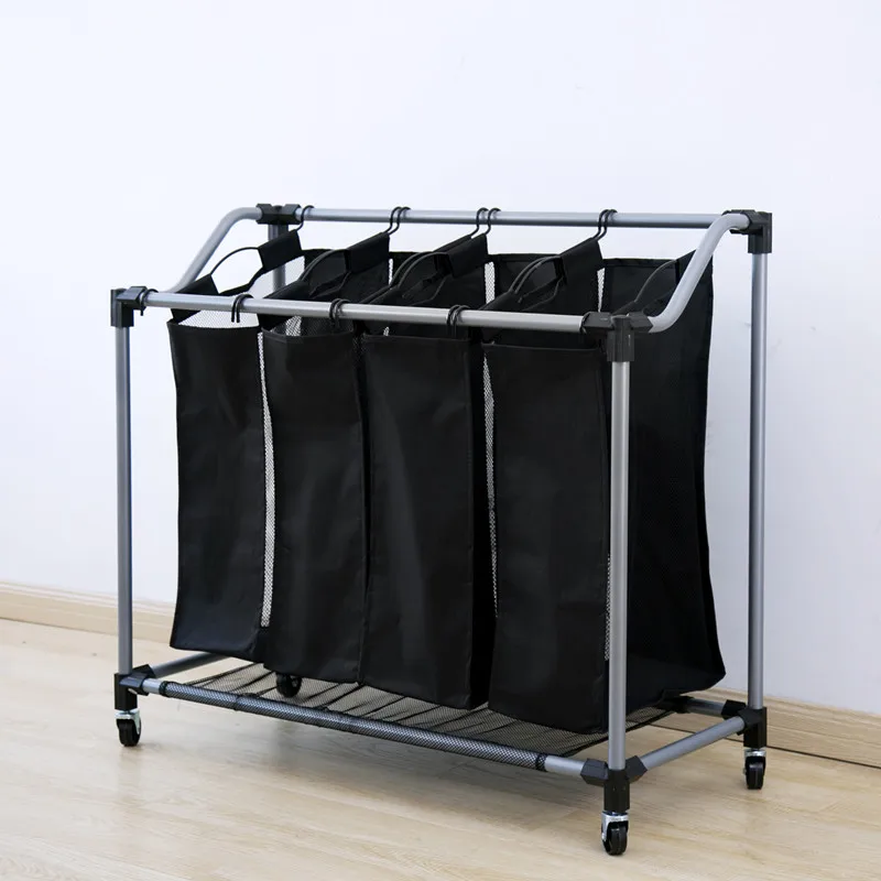 Metal Fabric Hamper Sorter Cart with Wheels Collapsible Laundry Basket Trolley Foldable