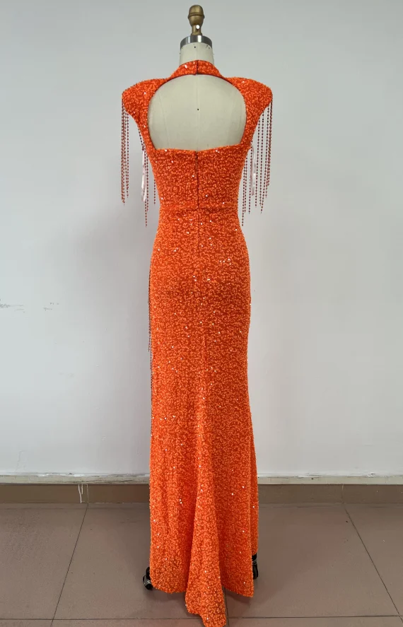 ED2570 Orange High Slit Sexy Maxi Dresses Luxury Dresses Women Elegant Ball Gown Sequin Pearl Evening Dress