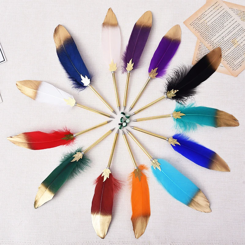 Luxury Calligraphy Custom Logo Mental Ballpoint Pen Custom Feather Pens Natural Feather Pen For Wedding And Gift
