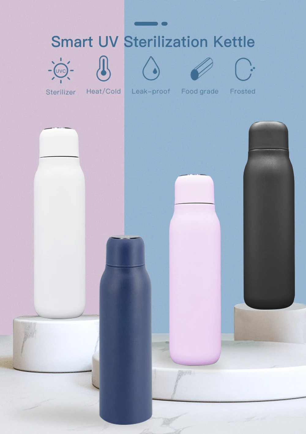 Free shipping stainless uv water purifier and self cleaning water bottle rechargeable with smart screen