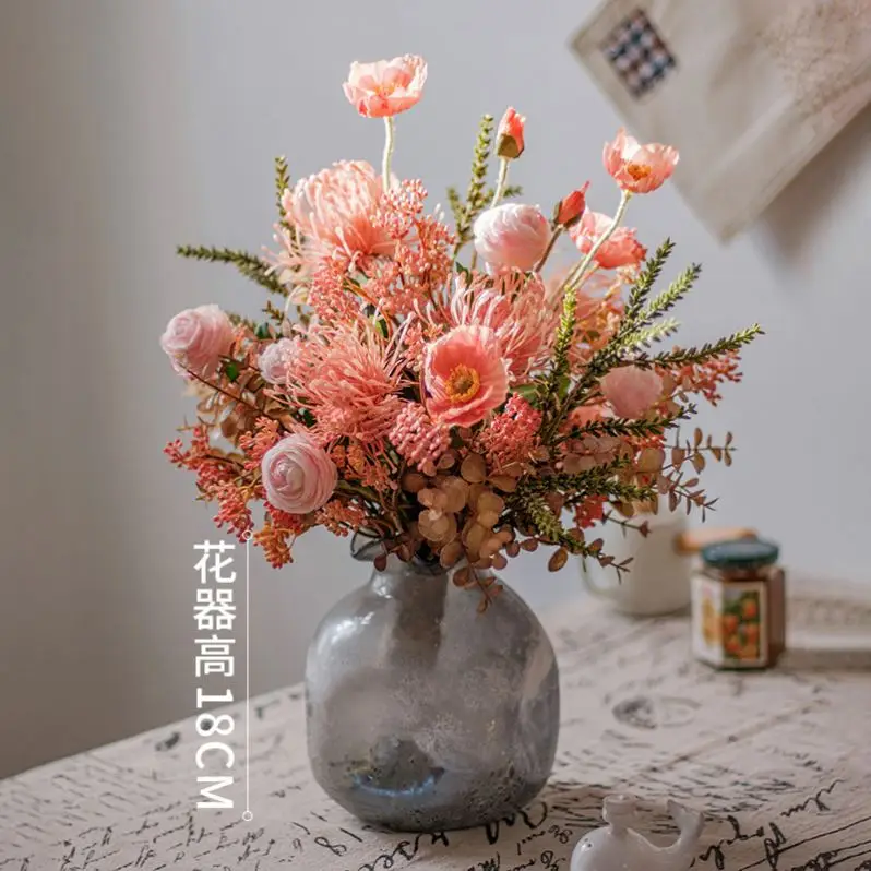 Hot Sale Bouquet Flowers Wisteria Poppy Eucalyptus Leaf Wedding Decoration Silk Plastic Rose Flower Artificial