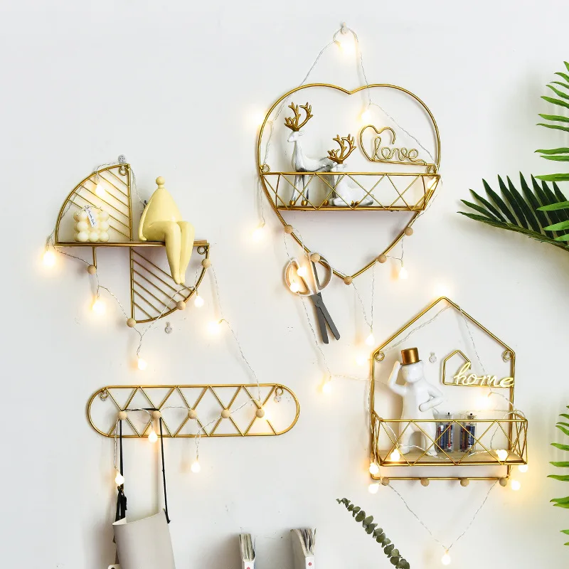 PUSELIFE living room furniture bedroom bathroom hanging storage decoration rack wooden metal iron hexagonal floating wall shelf