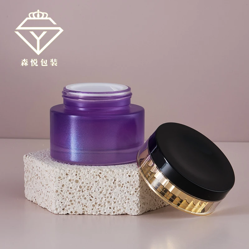 Luxury Glass Skincare Jar Packaging Deluxe Purple Frosted Glass Bottle Set For Cosmetic Lotion