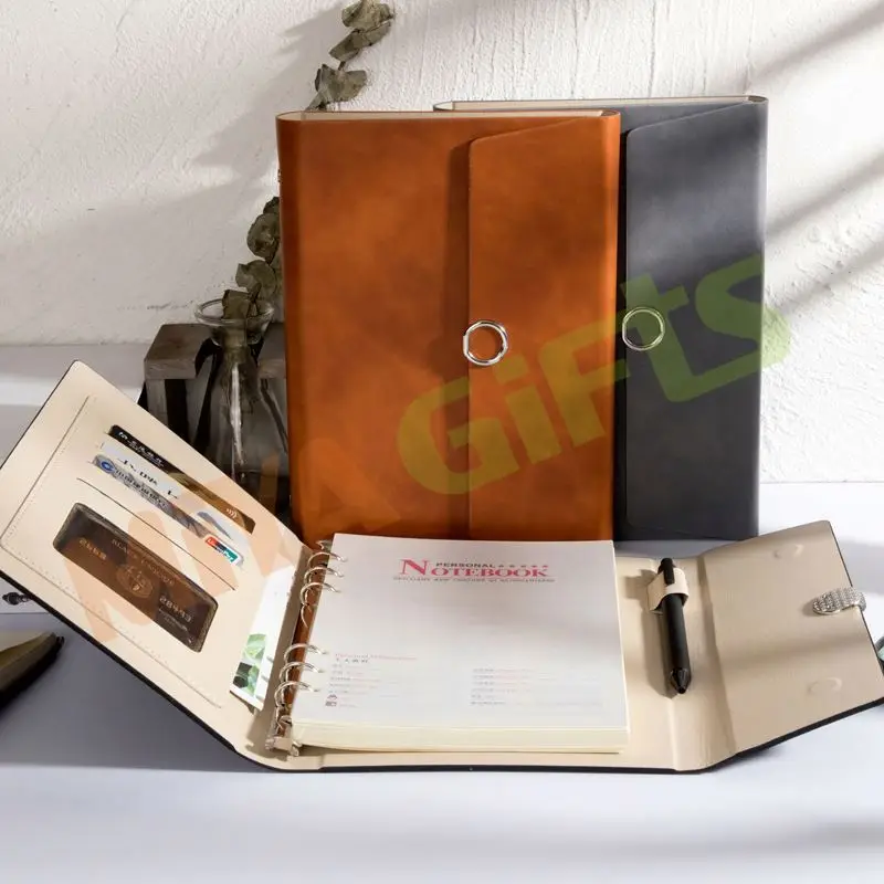 custom pu leather 6 ring binder A5 planner agenda cover duo tri folding clutch bag magnetic closure with phone holder pocket