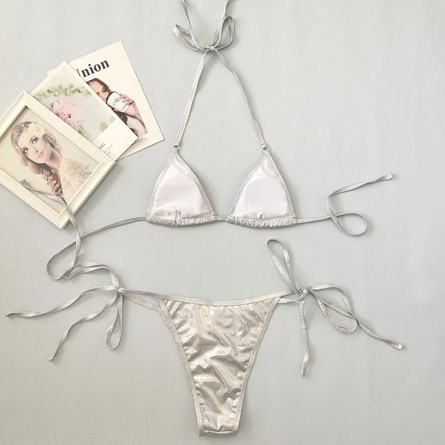 Bikinis custom two piece girl thong shiny swimwear 2024 bathing suits silver halter sexy bikini set