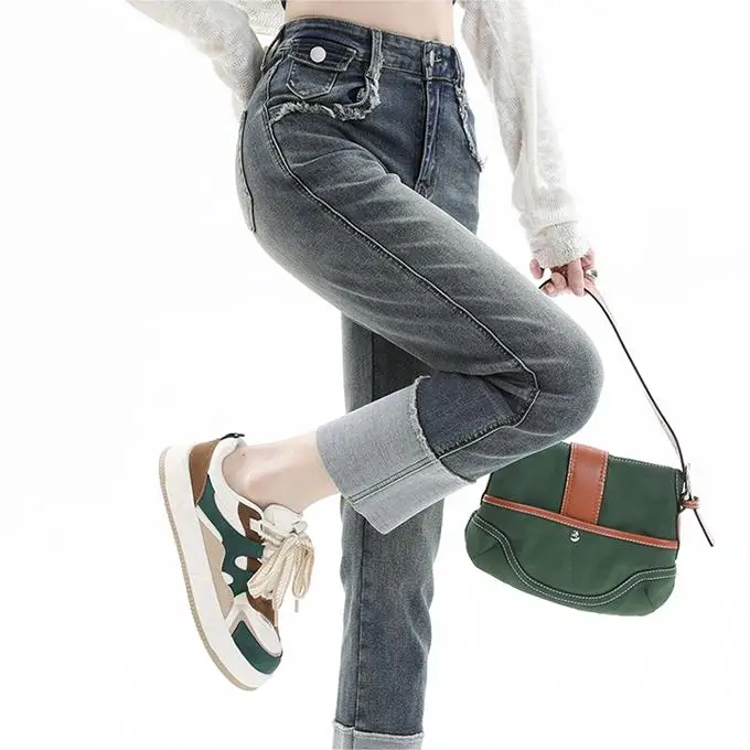 Vintage patchwork raw edge design nine-point pants to make new jeans slim for women