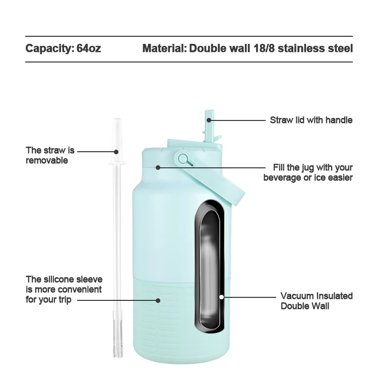 Insulated Growler for Beer 64OZ Large Capacity for Any Adventure with Straw and Leak-Proof Lid Jug Stainless Steel Jug
