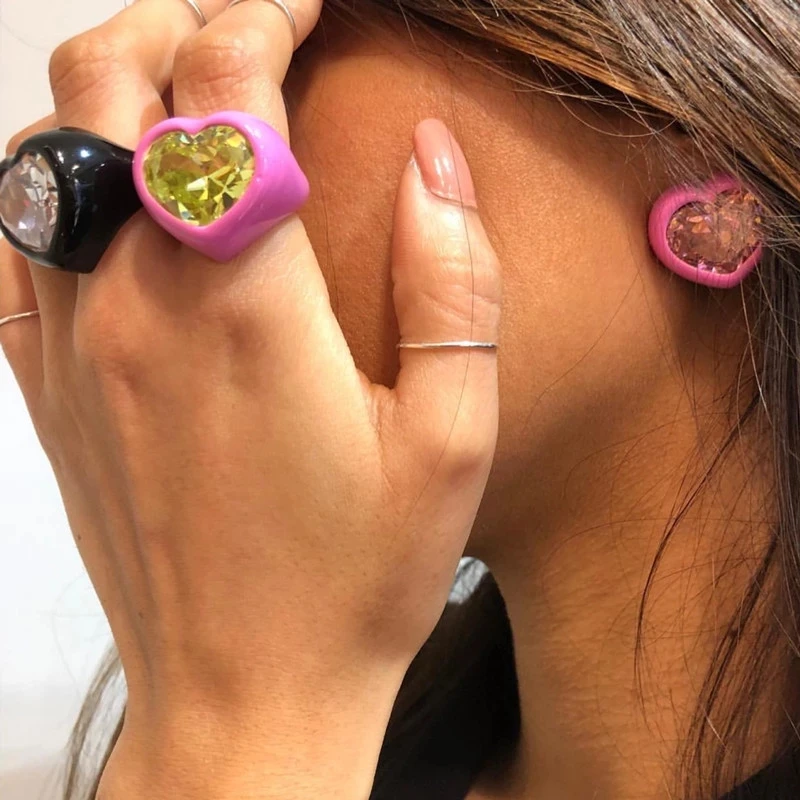 New Zircon Drip Enamel Heart Love Gemstone Rings Sparkling Crystal Opening Ring Earring Sets for Women Girls Party Jewelry 2022